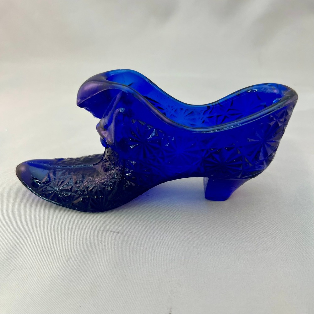 Fenton Art Glass "Cat's Head" Shoe Slipper Cobalt Blue Daisy and Button Cat Head